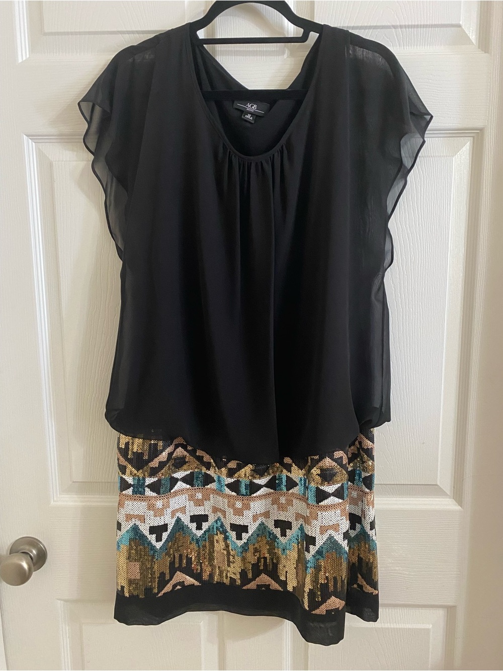 AGB Black Chiffon Top with Multicolor Geometric Sequin Skirt